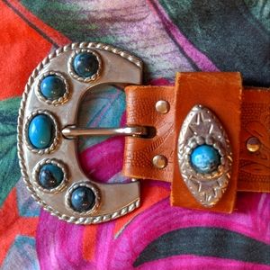 Turquoise and silver vintage leather belt